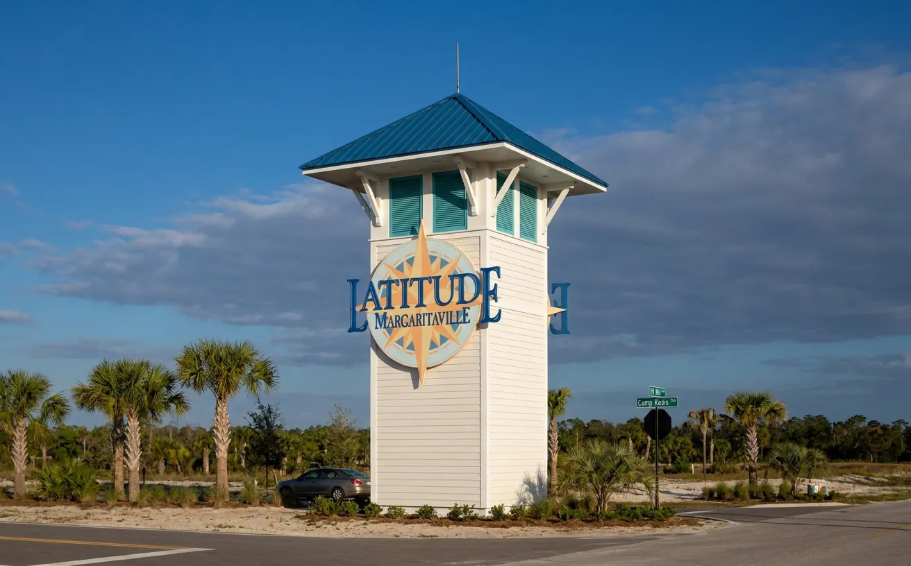 An AI-generated rendering of a white tower about 35 feet tall, with a blue metal roof, teal shutters and a huge round compass-rose sign reading Latitude Margaritaville, standing at a road corner in the Florida scrub.