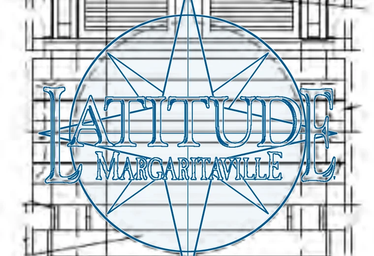 The sign area of the filed drawing, enlarged, with the Latitude Margaritaville logo drawn over it in blue lines: its circle, its compass-rose points and its lettering, sized to the drawing's circle. The circle sits on the sign's dashed circle, the north and south points run through the sign's top and bottom tabs, and the logo's L and E, circled in red, fall on faint outlines in the drawing.